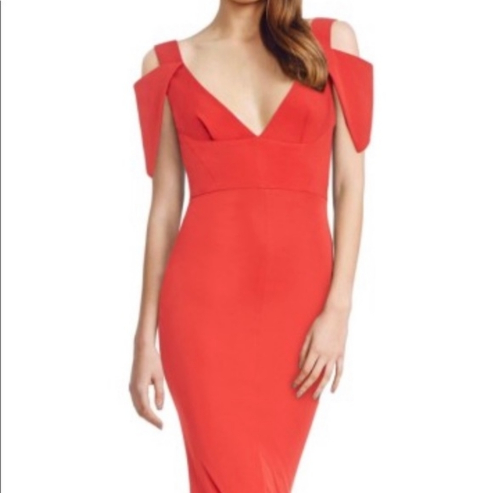 ABS Allen Schwartz  Scuba Frill Sleeve  Coral Red Midi Dress.Sz.S.   D-1
